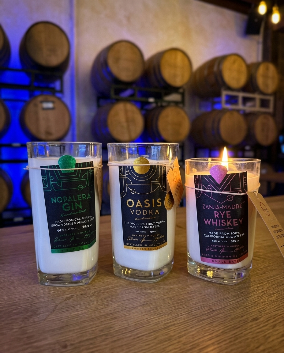 Hollywood Distillery candle collection (Gin, Vodka, Rye) in the barrel room