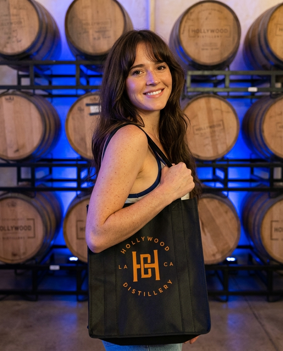 Model with the Hollywood Distillery canvas tote bag in the barrel room