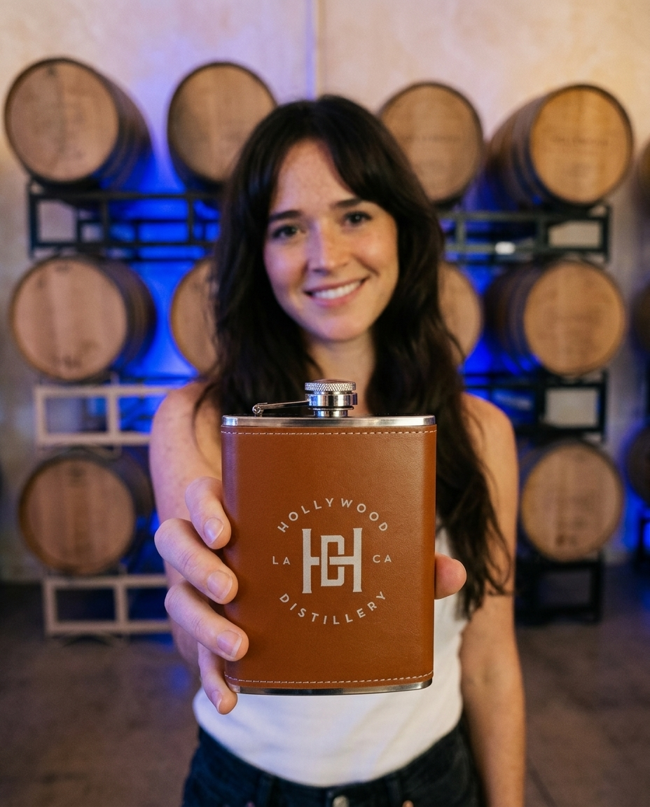 Model holding out the Hollywood Distillery flask in the barrel room