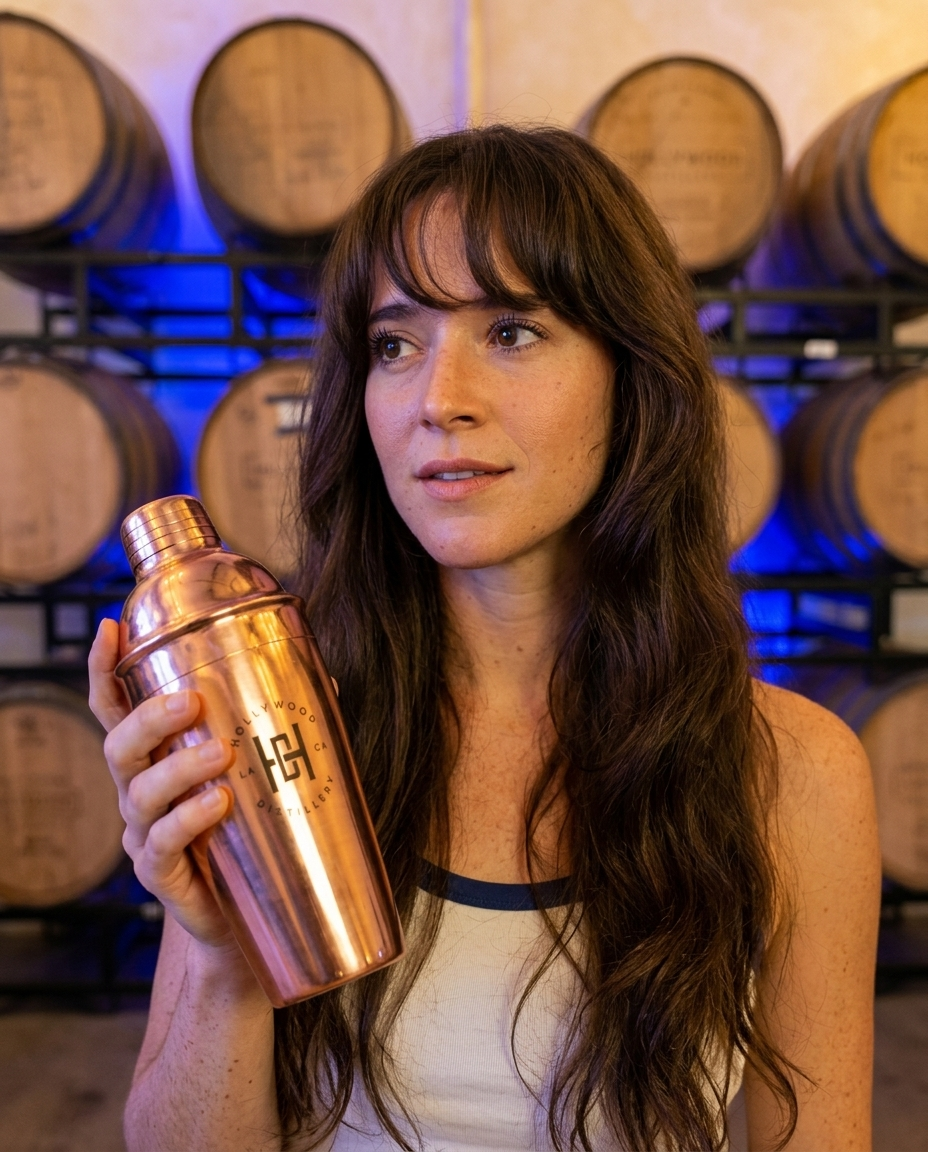 Model holding the Hollywood Distillery copper cocktail shaker set in the barrel room