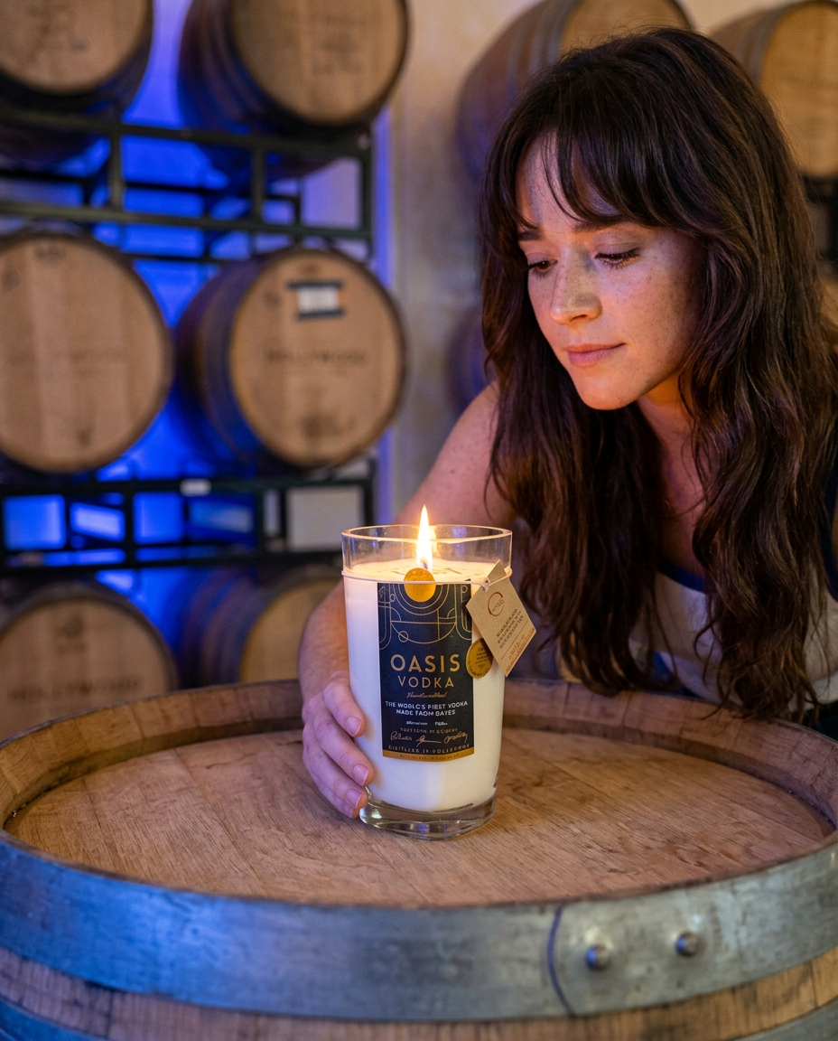 Model with the lit Hollywood Distillery Vodka candle on a barrel in the barrel room
