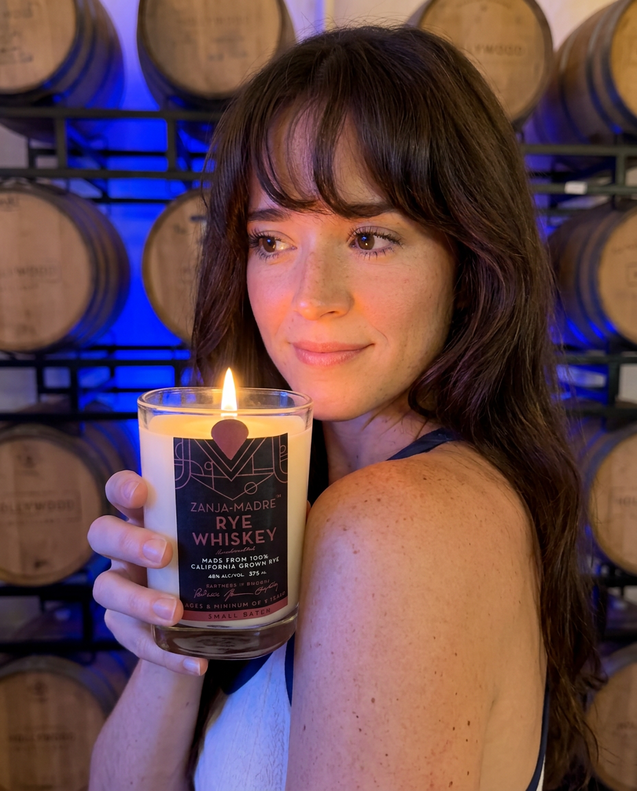 Model holding the lit Hollywood Distillery Rye candle in the barrel room