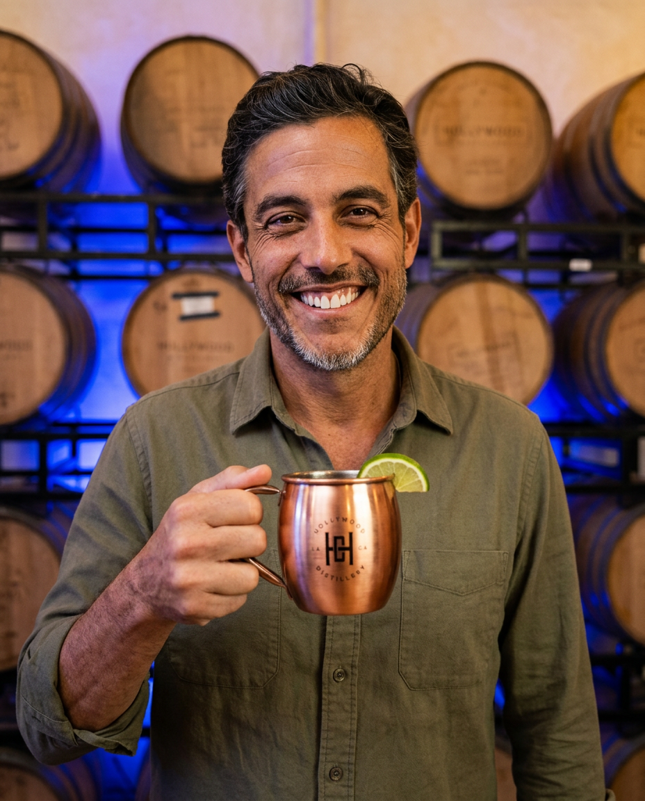 Man holding the Hollywood Distillery copper Moscow Mule mug in the barrel room