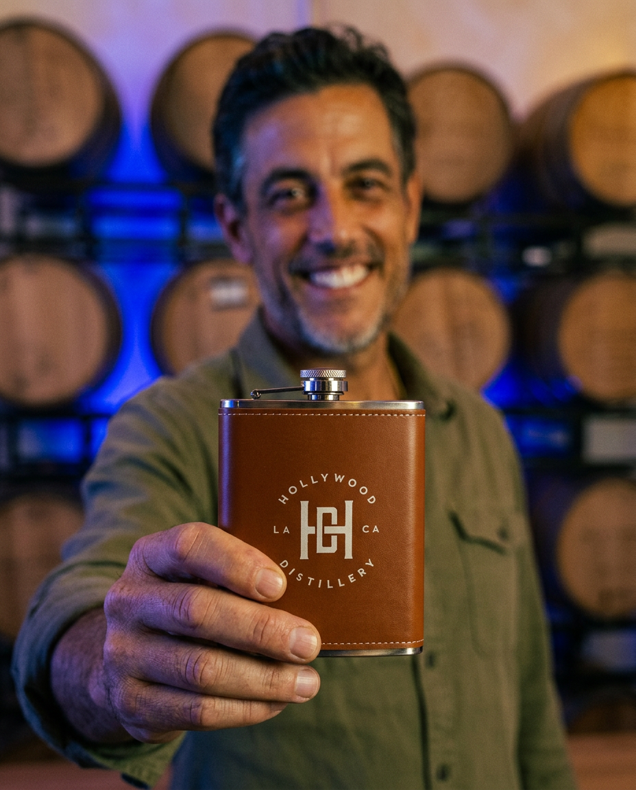 Man holding out the Hollywood Distillery flask in the barrel room