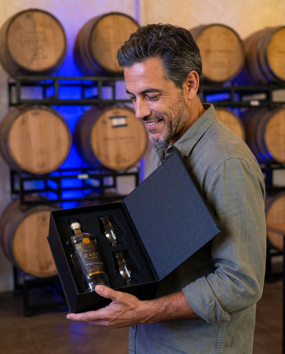 Man holding the Hollywood Distillery Oasis Vodka gift set in the barrel room
