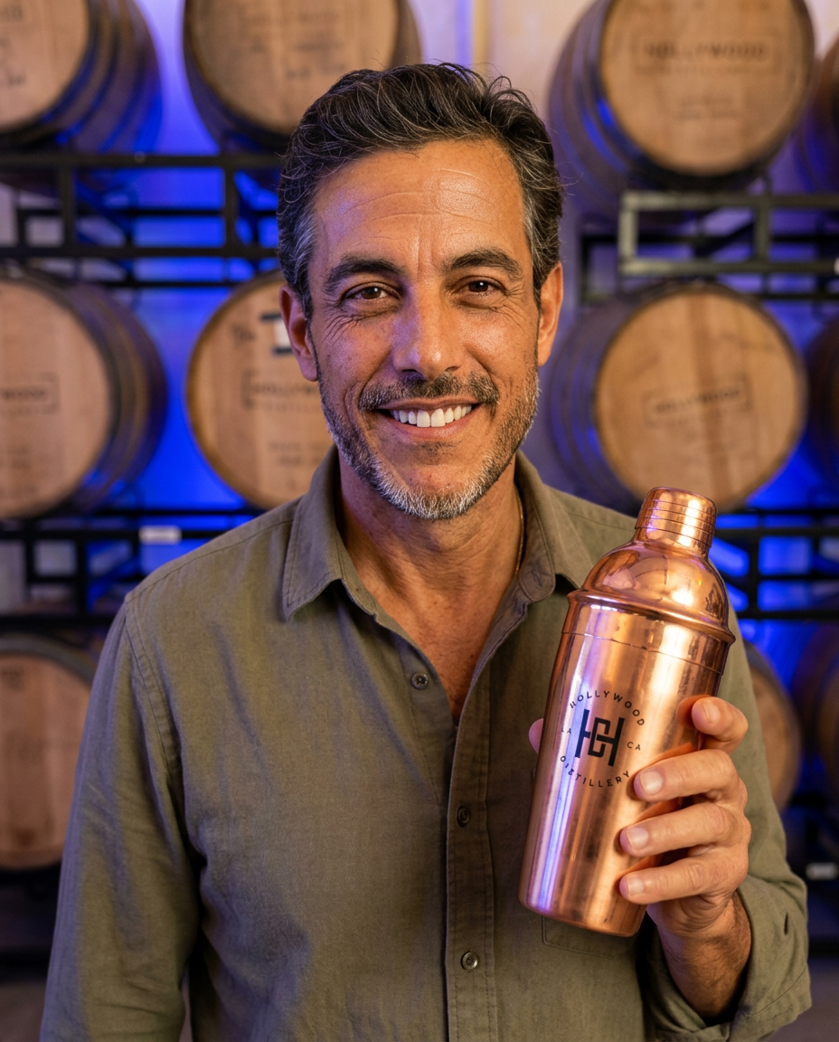 Man holding the Hollywood Distillery copper cocktail shaker set, looking at camera, in the barrel room